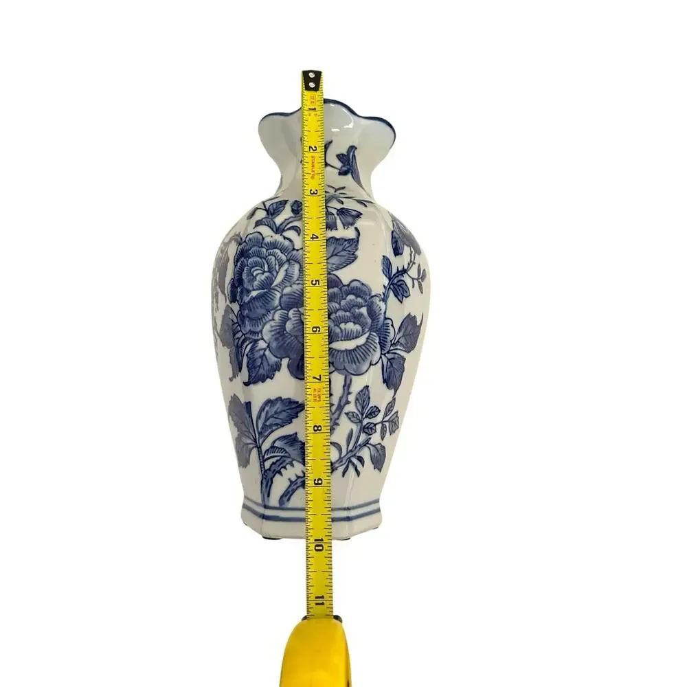 2 New Chinese Blue & White Rosé Transfer Wear Chinoiserie Pocket Wall Vase 10” T